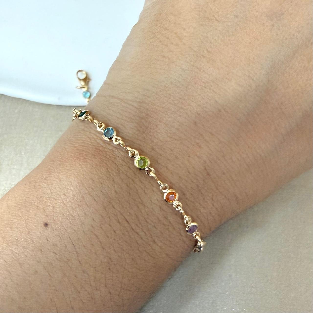 Pulseira Pedras Coloridas Redonda Mini Folheado A Ouro