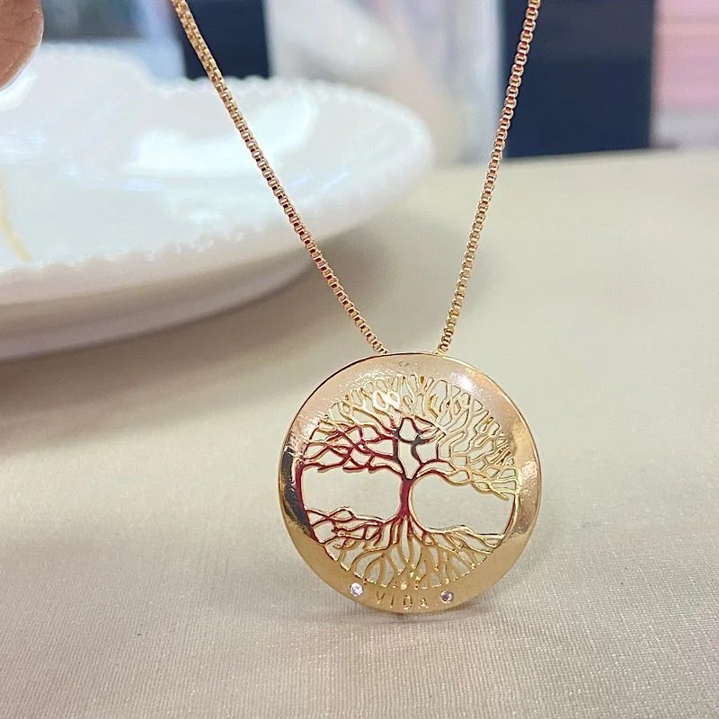 Colar Zirconia Arvore Da Vida Folheado A Ouro