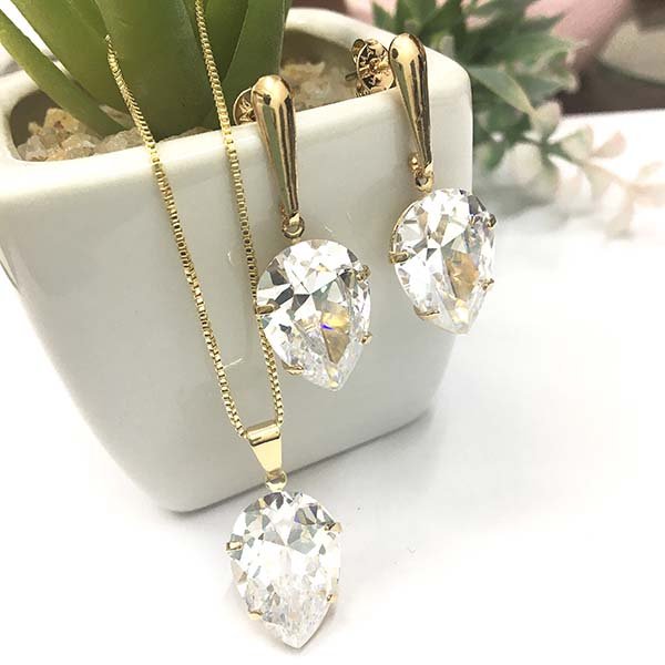 Conjunto Zirconia Gota Folheado A Ouro