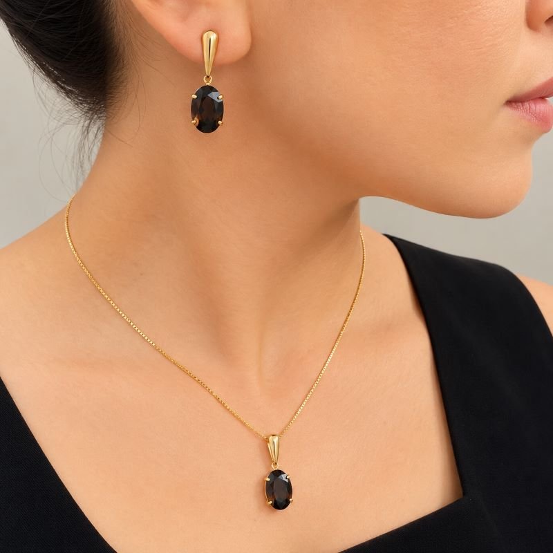 Conjunto Pedra Zirconia Oval Preta Folheado A Ouro
