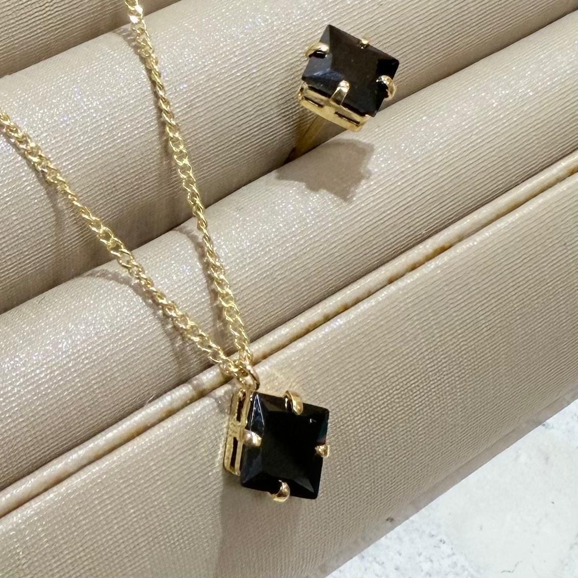 Conjunto Zirconia Folheado A Ouro Pedra Preta