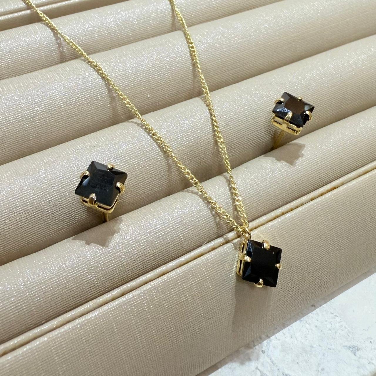 Conjunto Zirconia Folheado A Ouro Pedra Preta