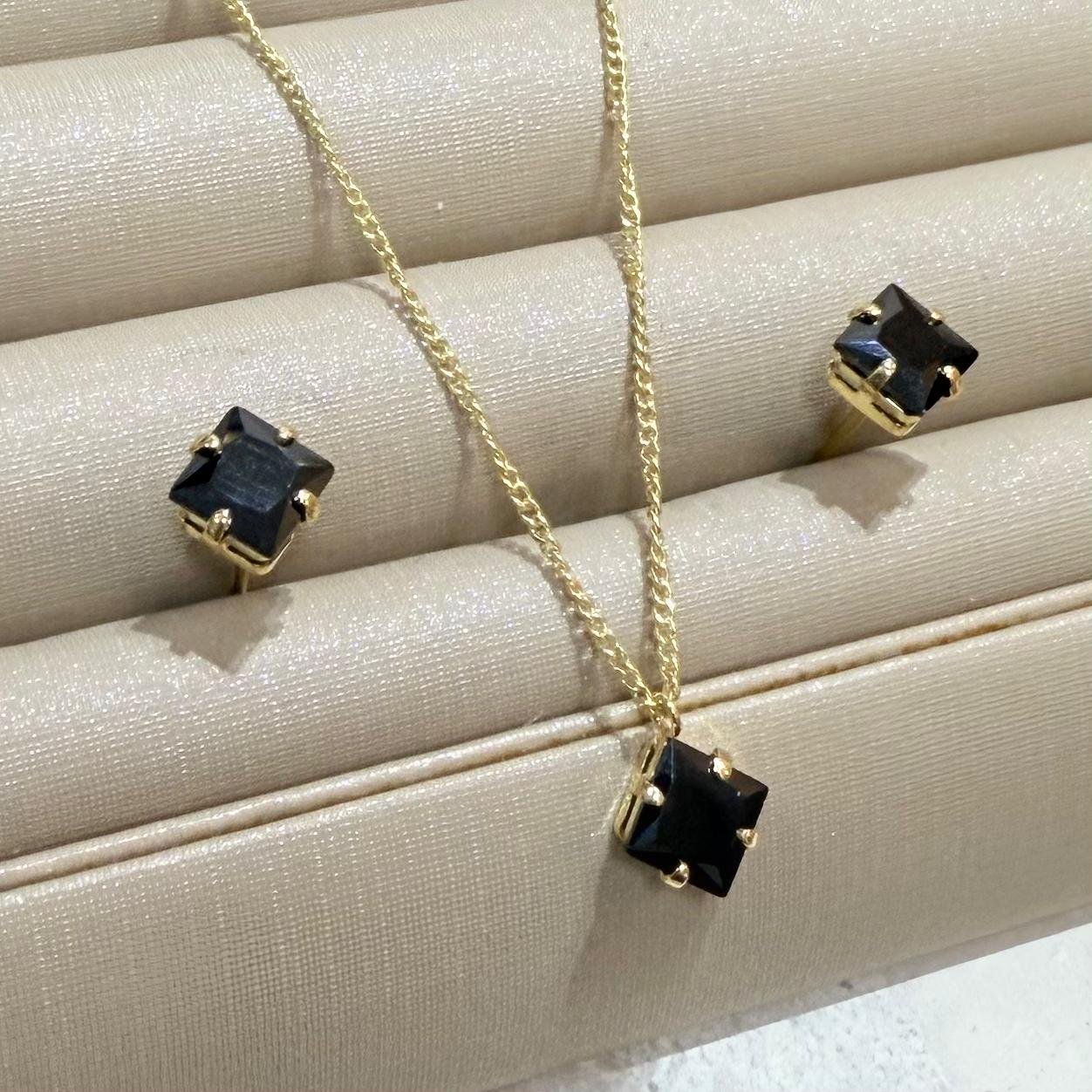 Conjunto Zirconia Folheado A Ouro Pedra Preta