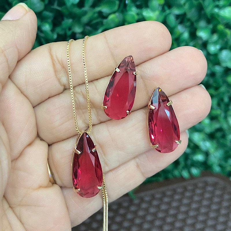 Conjunto Pedra Folheado A Ouro Rubi