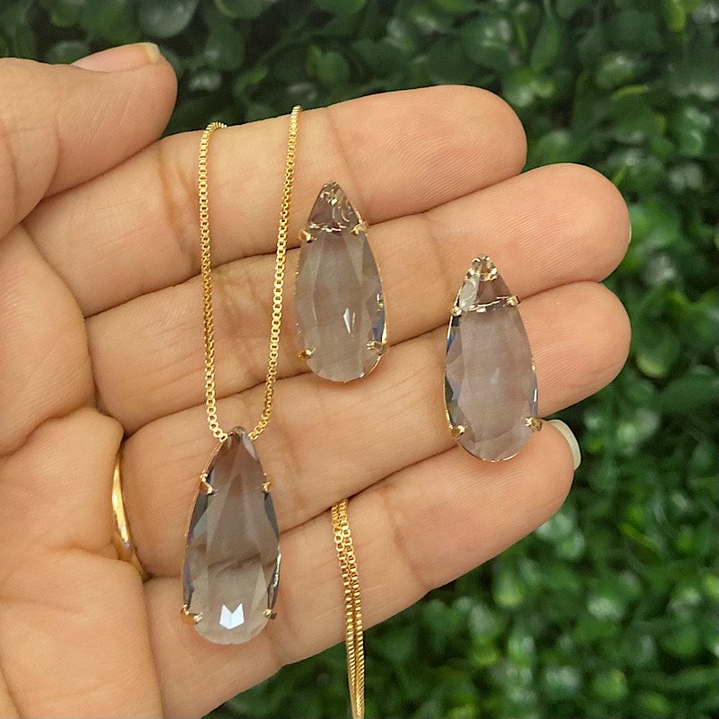 Conjunto De Pedra Gota Fumê Folheado A Ouro