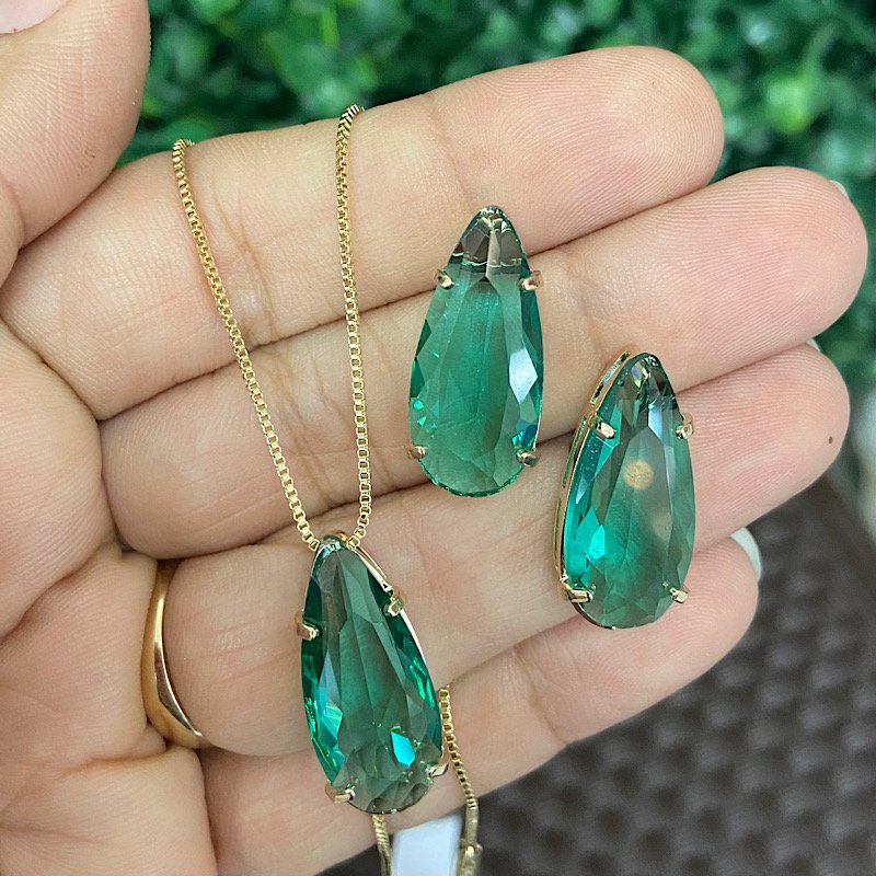 Conjunto De Pedra Gota Folheado A Ouro