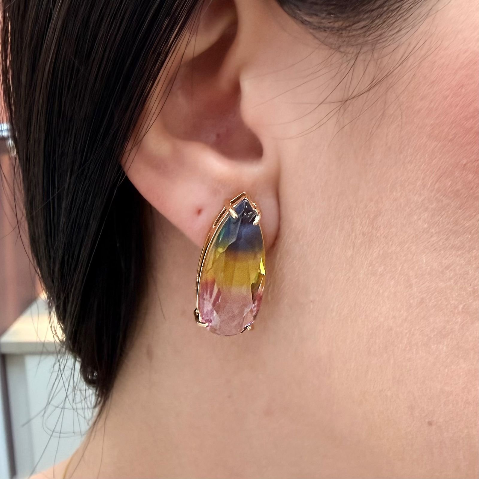 Conjunto Brincos E Colar Pedra Colorida Folheado A Ouro