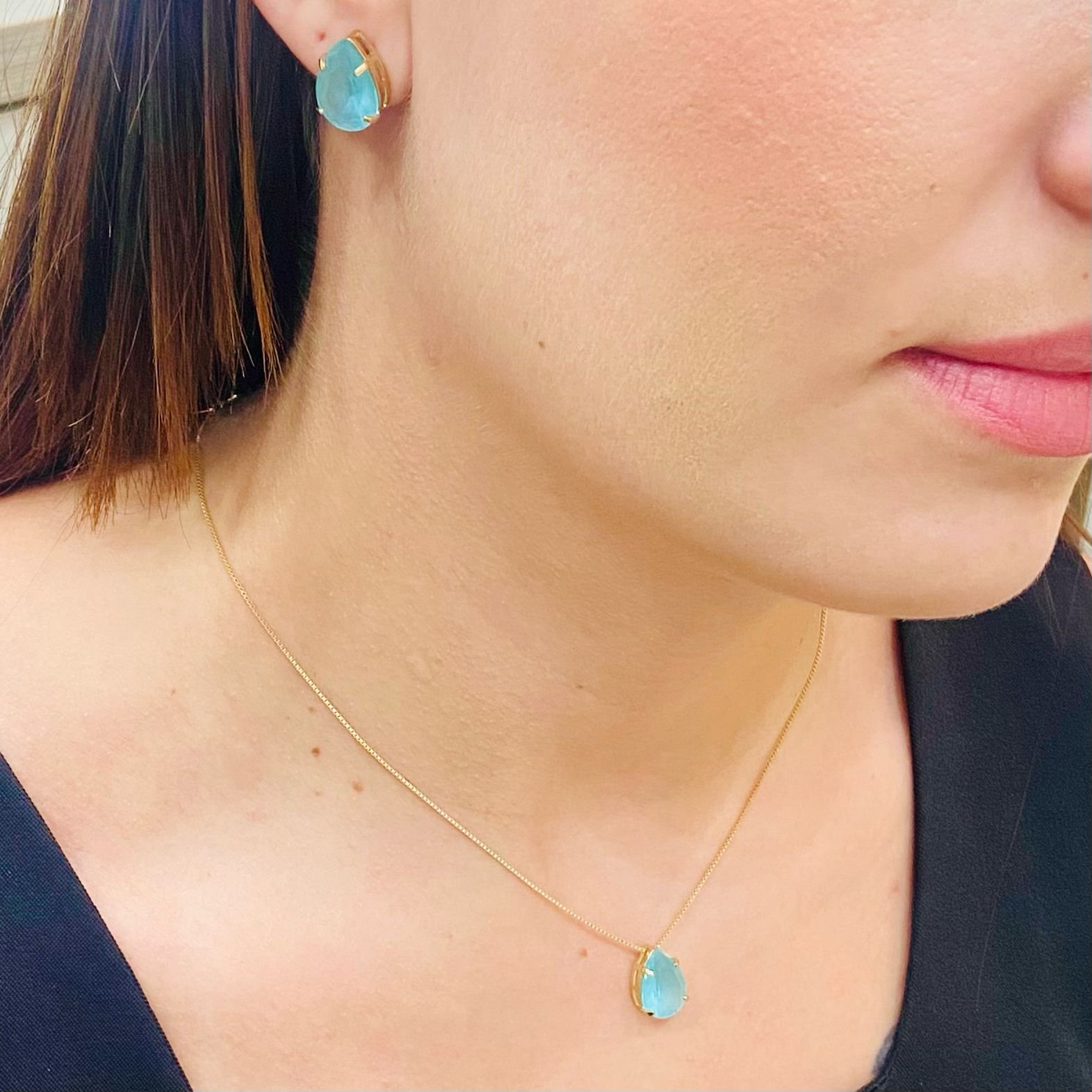 Conjunto Gota Folheado A Ouro Azul Leitoso