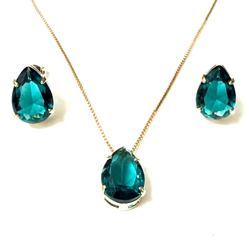 Conjunto Brincos+colar Pedra Gota Verde Folheado A Ouro Verde Claro