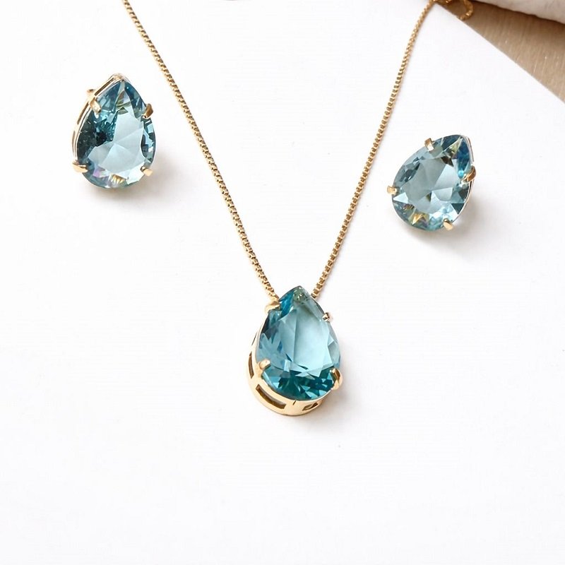 Conjunto Brincos+colar Gota Folheado A Ouro Acqua