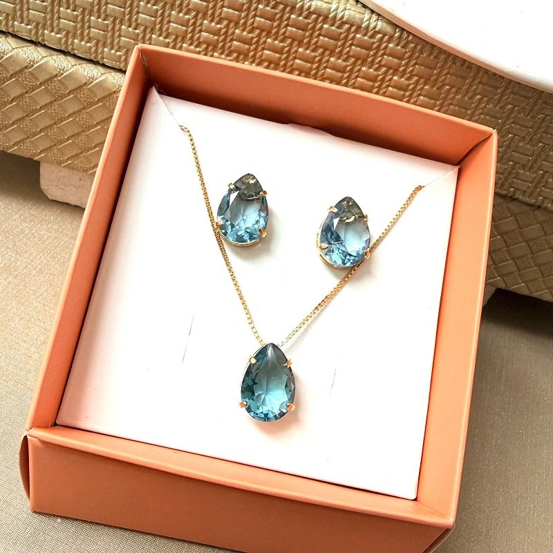 Conjunto Brincos+colar Gota Folheado A Ouro Acqua