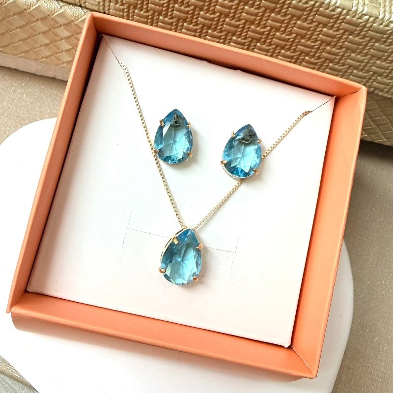 Conjunto Brincos+colar Gota Folheado A Ouro Acqua