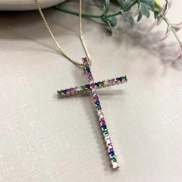 Colar Cruz De Zirconia Colorida Folheado A Ouro Semijoia Antialergica