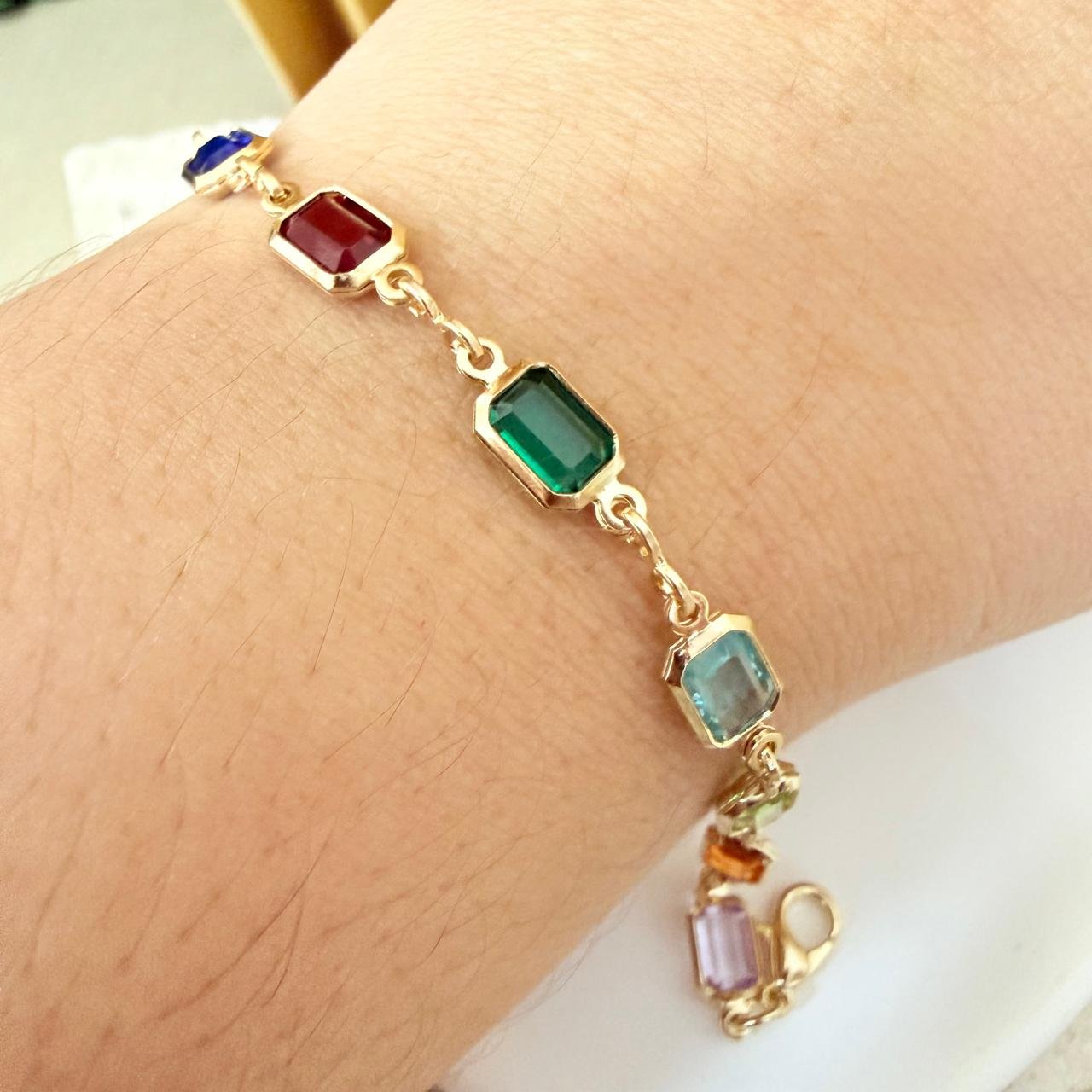 Pulseira Pedras Coloridas Retangular Folheada A Ouro