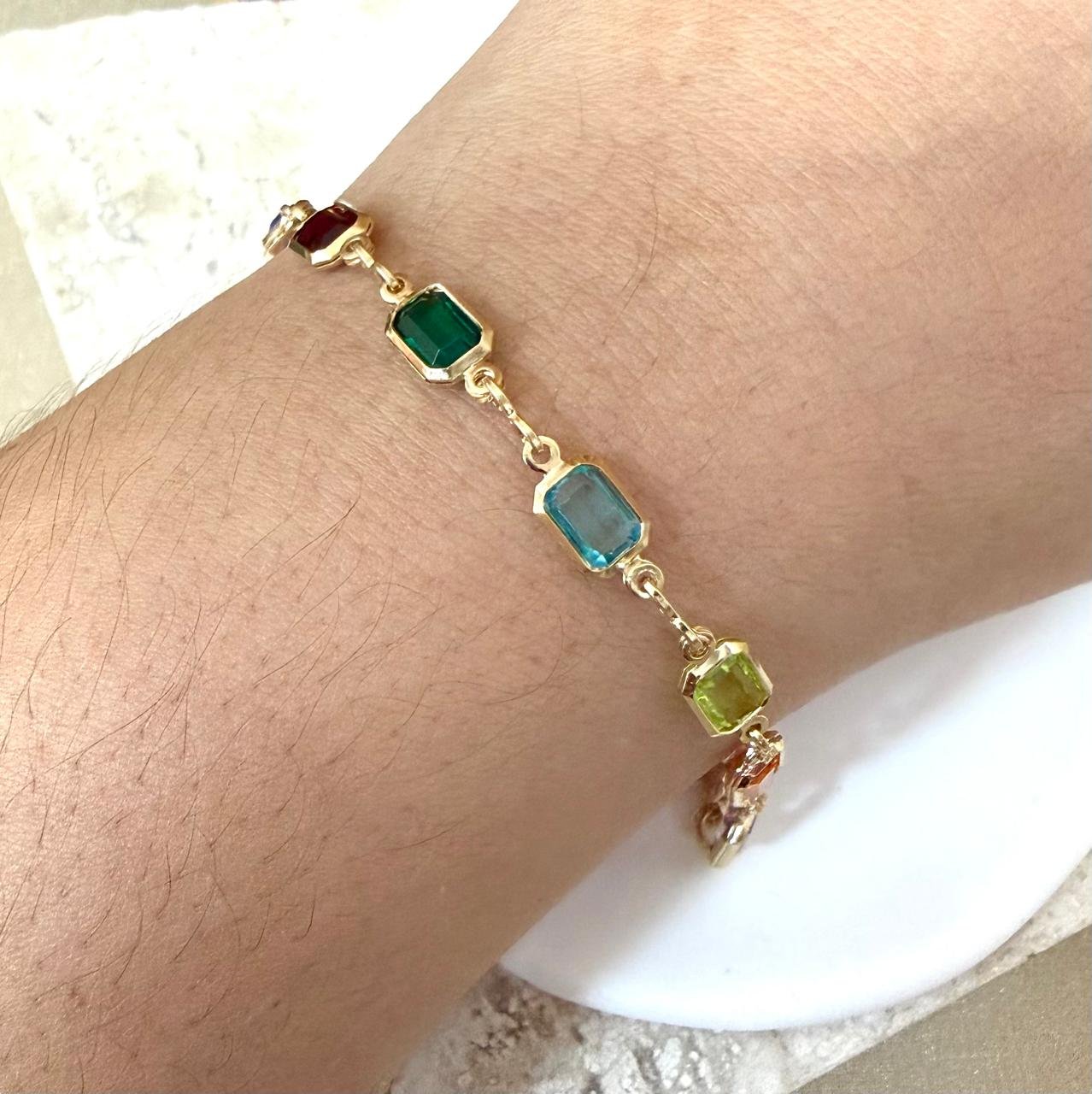 Pulseira Pedras Coloridas Retangular Folheada A Ouro
