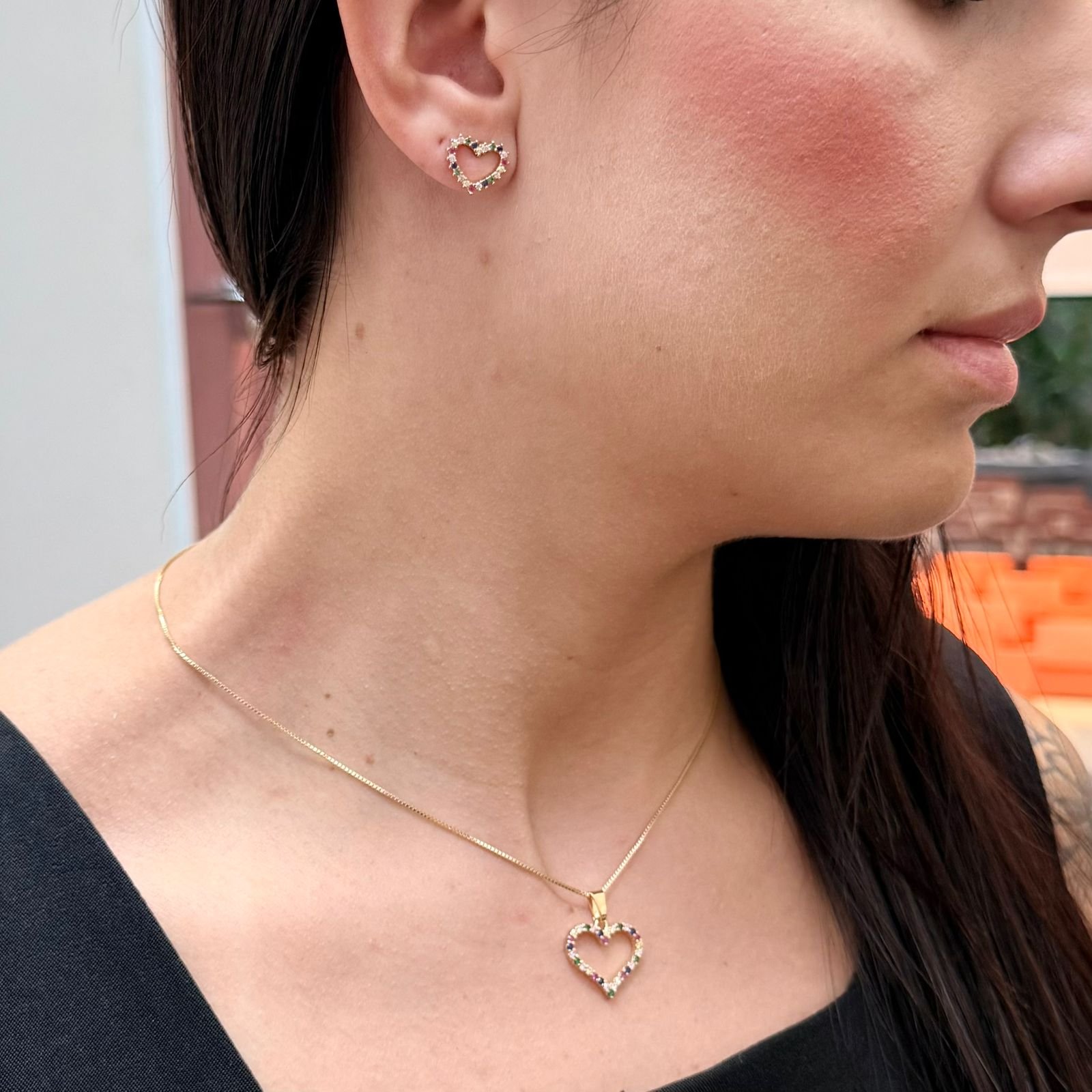 Conjunto Colar Brinco E Pingente De Coração Folheado A Ouro