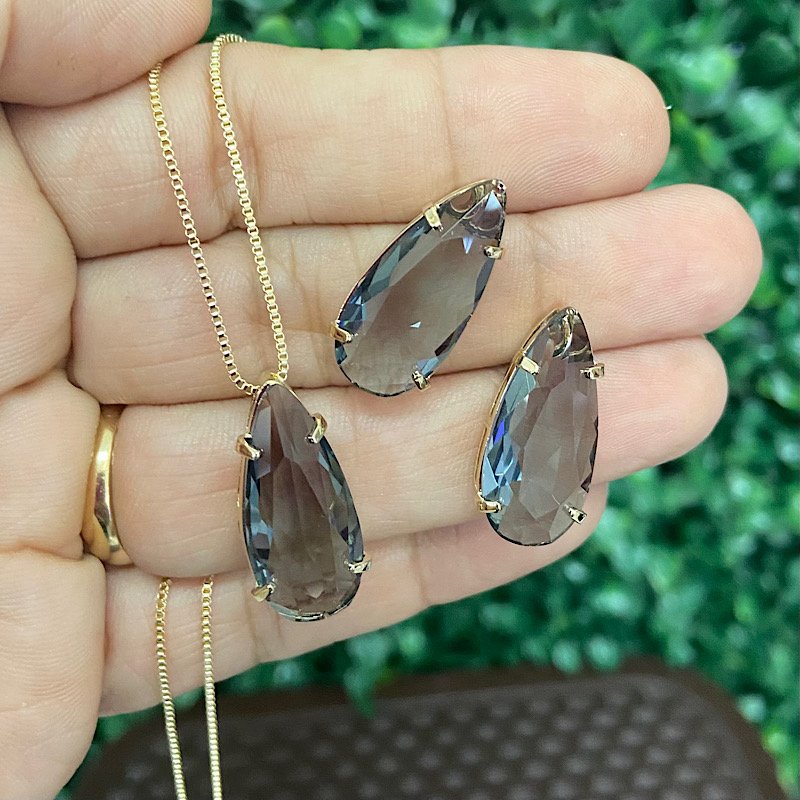 CONJUNTO PEDRA FUMÊ GOTA FOLHEADO A OURO