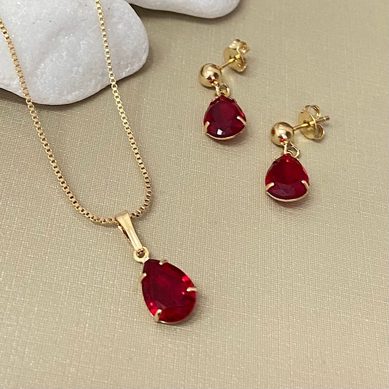 CONJUNTO COLAR BRINCOS GOTA FOLHEADO A OURO