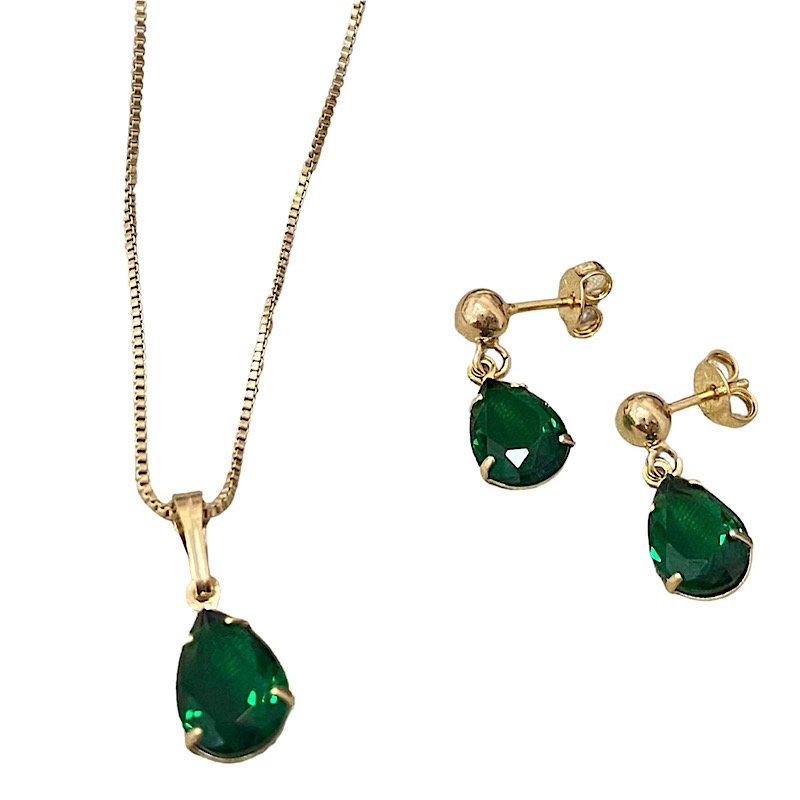 CONJUNTO BRINCOS COLAR GOTA VERDE FOLHEADO A OURO