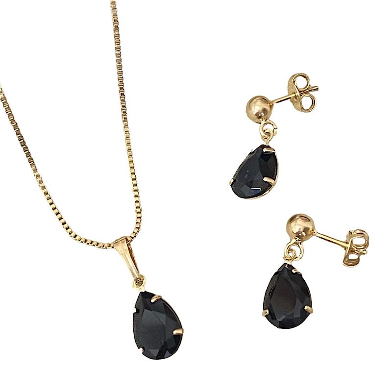 Conjunto Colar E Brincos Gota Preta Folheado A Ouro
