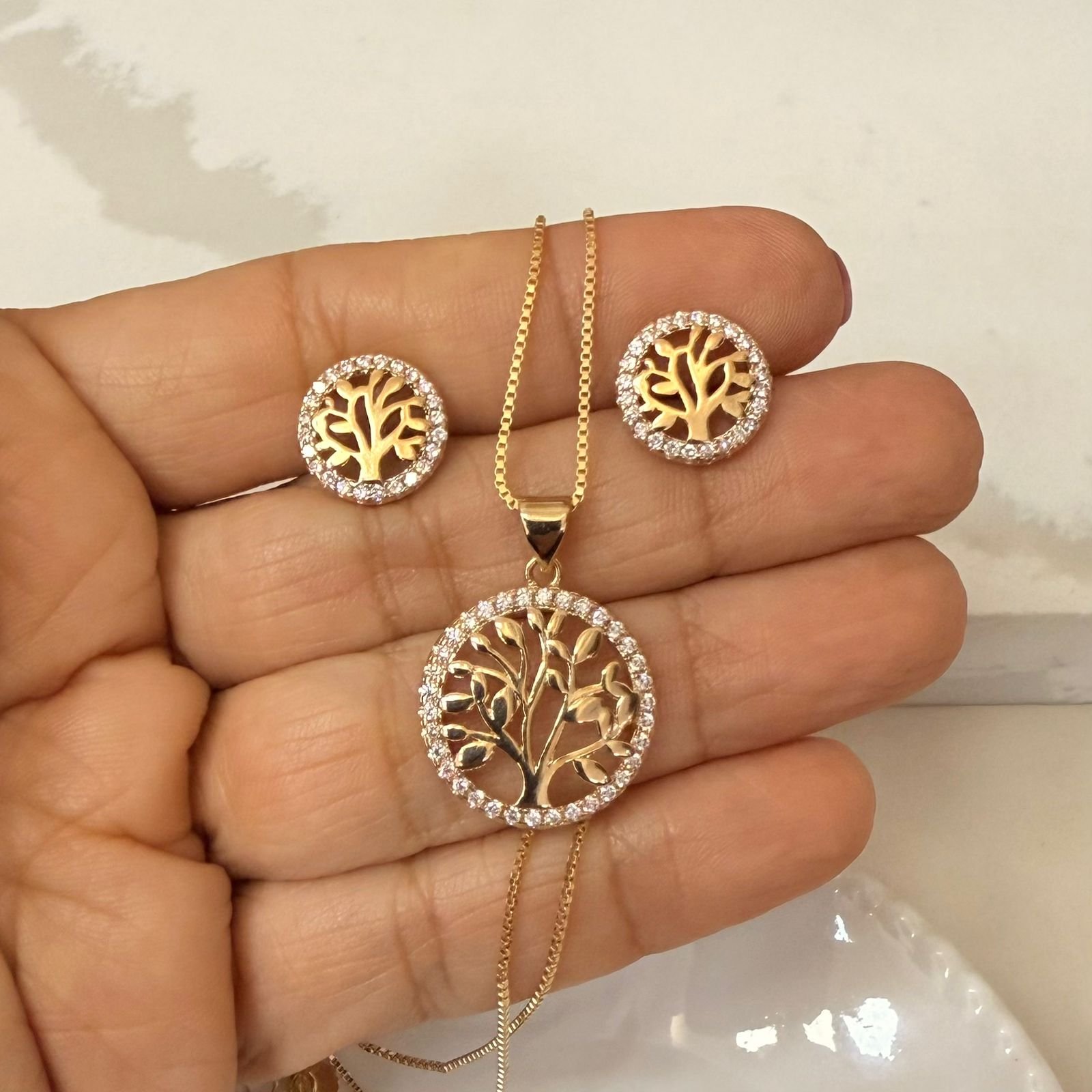 Conjunto Arvore Da Vida Zirconia Folheado A Ouro