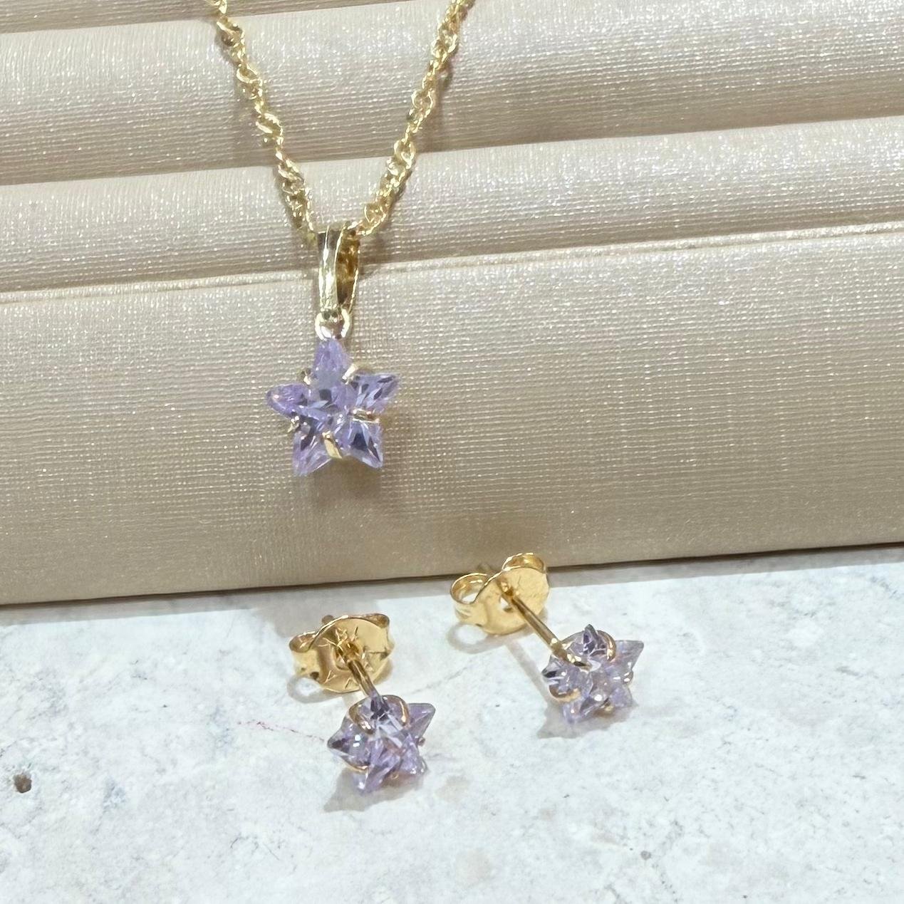Conjunto De Estrela Com Zirconia Folheado A Ouro