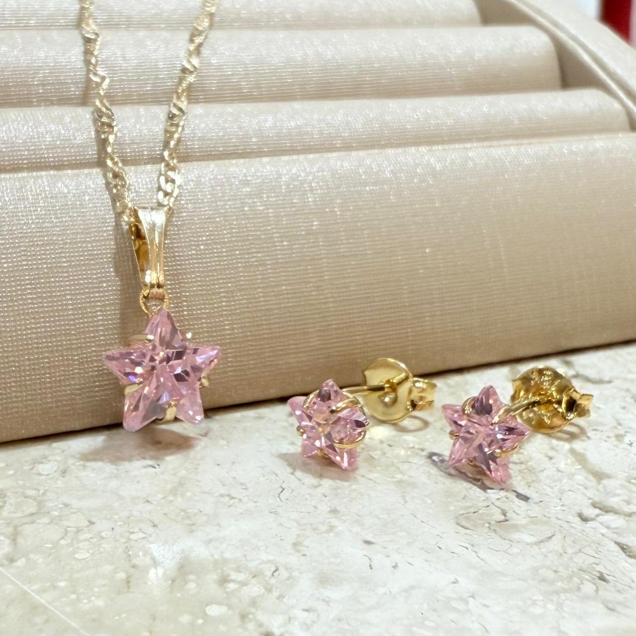 Conjunto De Estrela Com Zirconia Folheado A Ouro