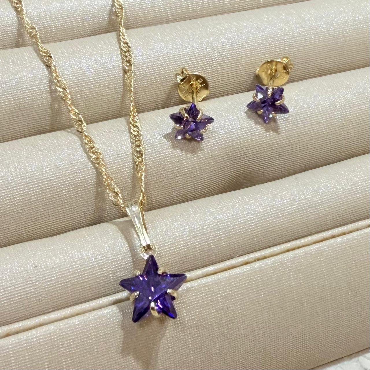Conjunto De Estrela Com Zirconia Folheado A Ouro