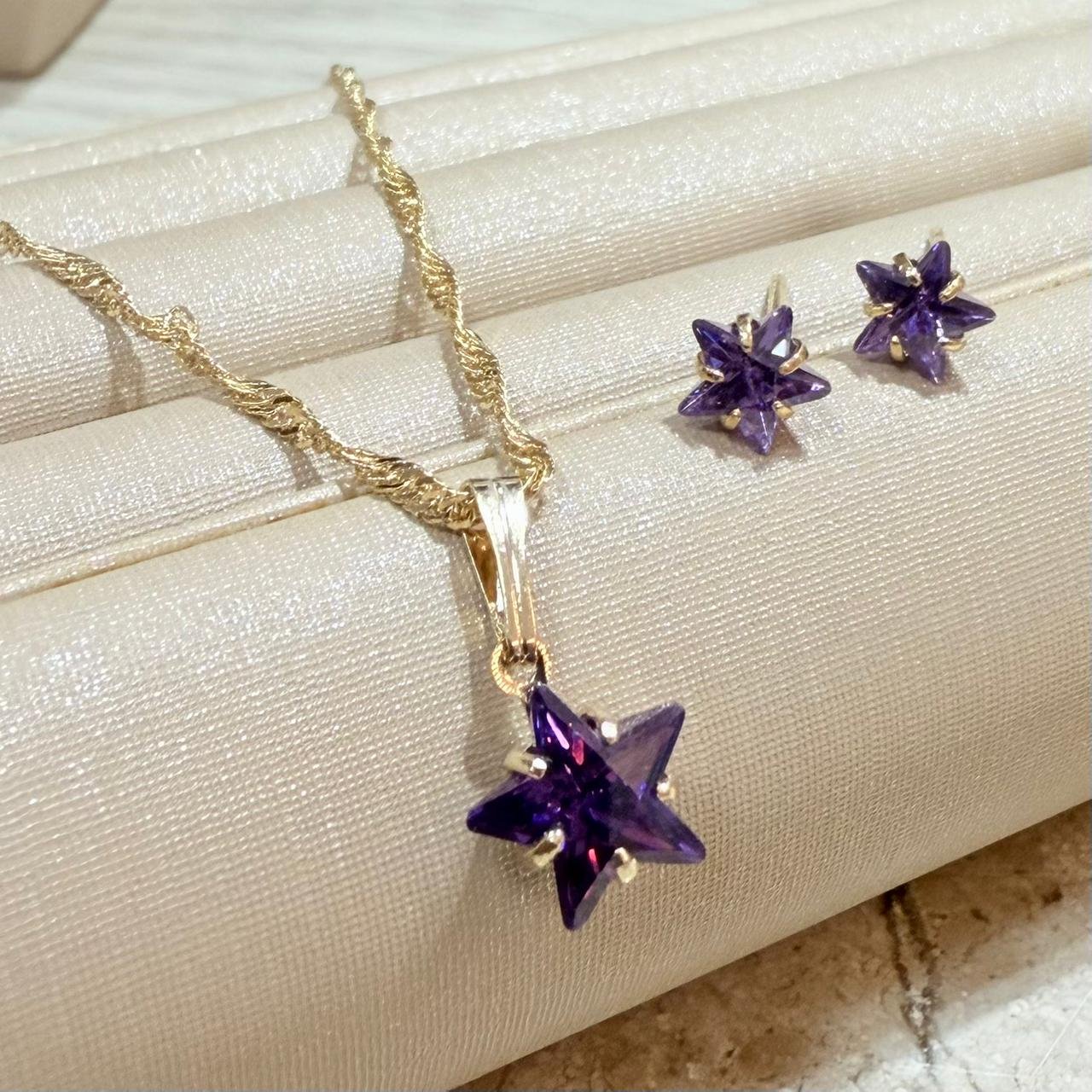 Conjunto De Estrela Com Zirconia Folheado A Ouro