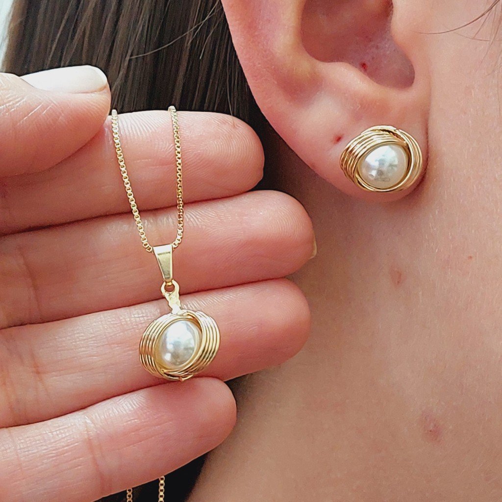 Conjunto De Perola Folheado A Ouro