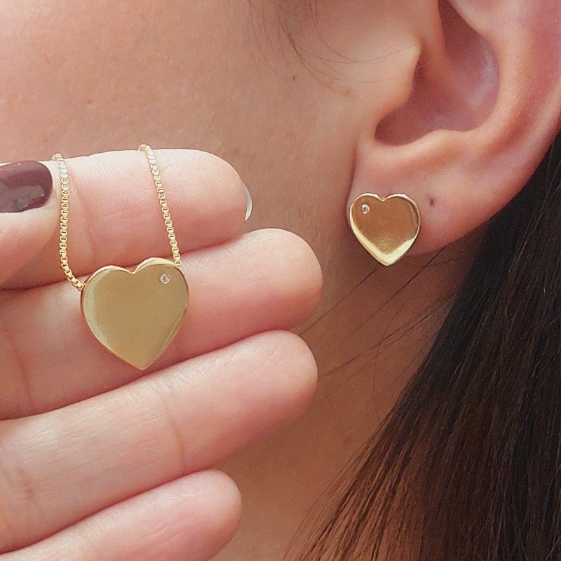 CONJUNTO DE CORACAO ZIRCONIA FOLHEADO A OURO