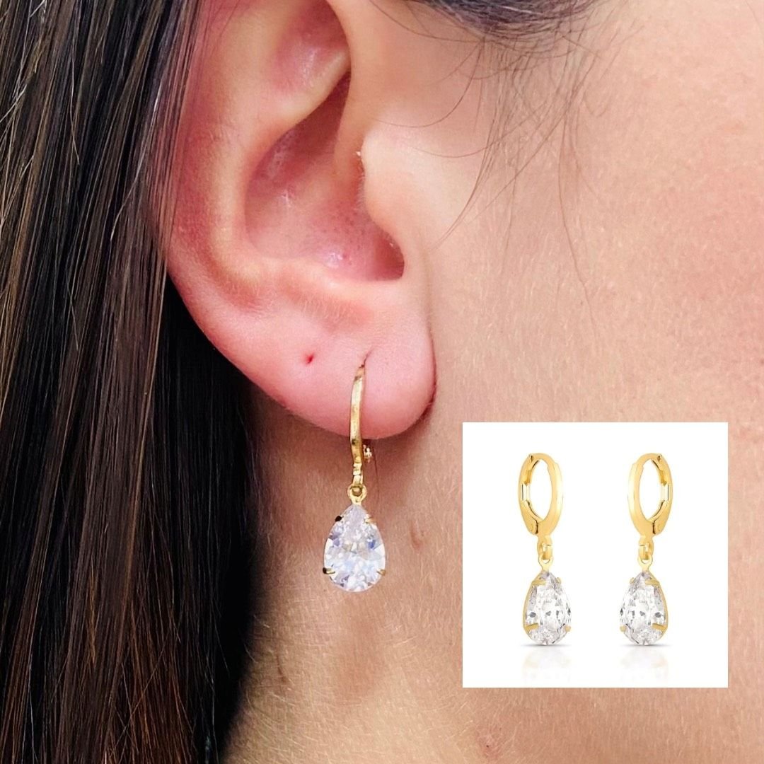 Brinco De Argola Gotinha Zirconia Cristal Folheado A Ouro