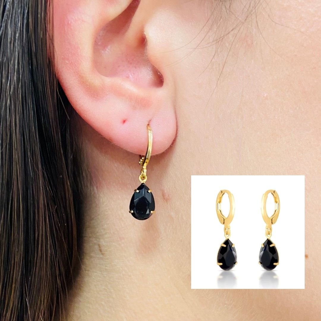 Brinco De Argola Gotinha Preta De Zirconia Folheado A Ouro