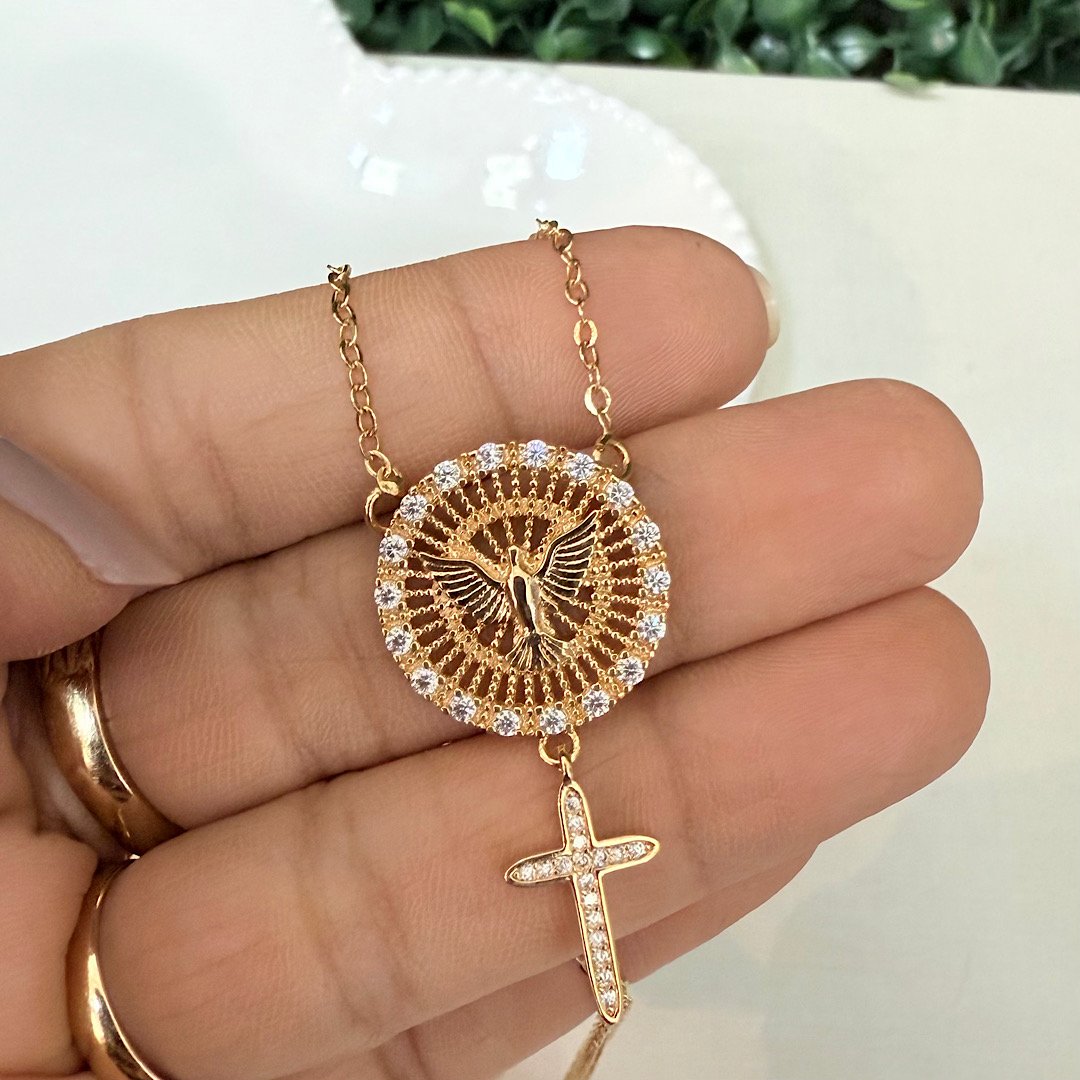 Colar Espirito Santo Zirconia Folheado A Ouro