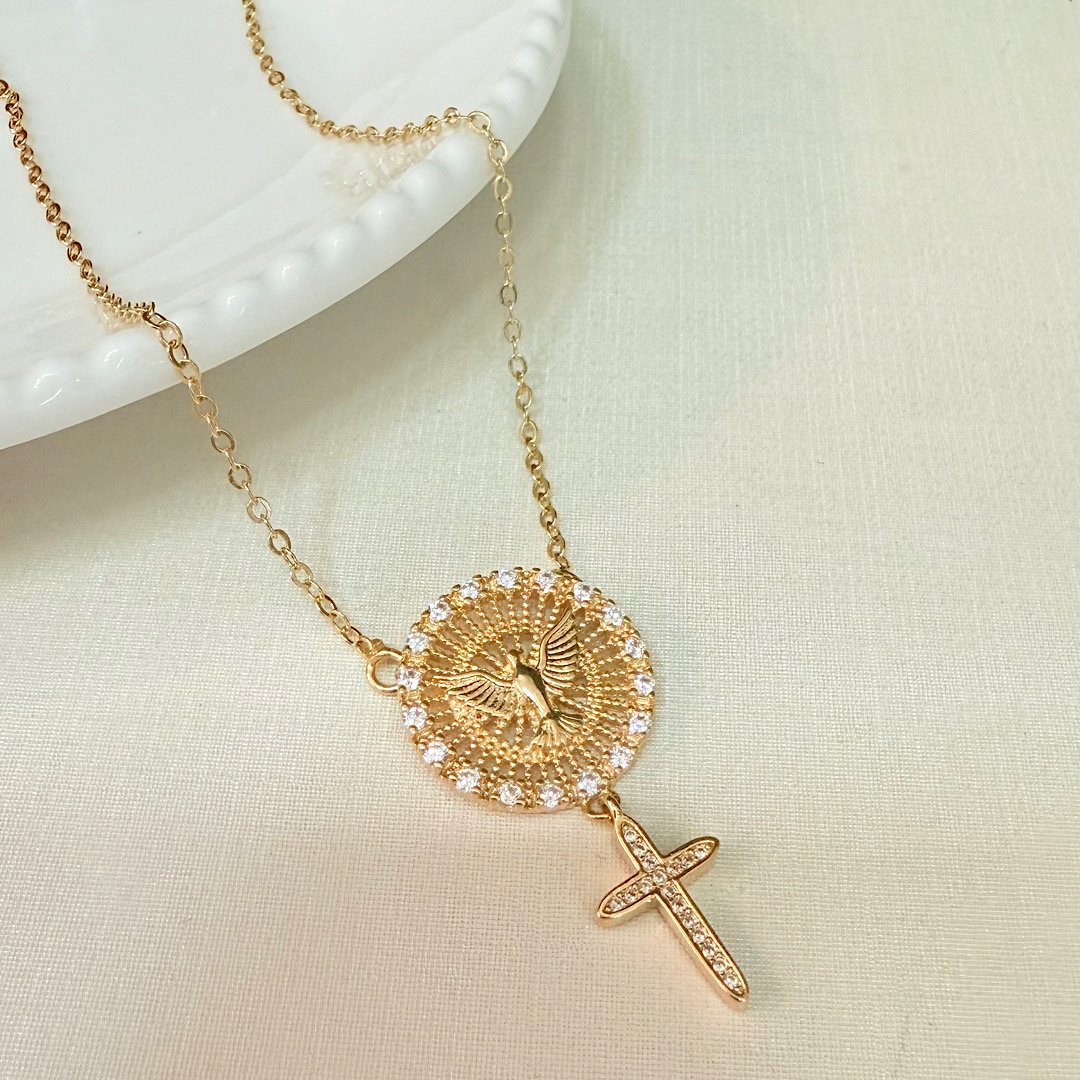 Colar Espirito Santo Zirconia Folheado A Ouro