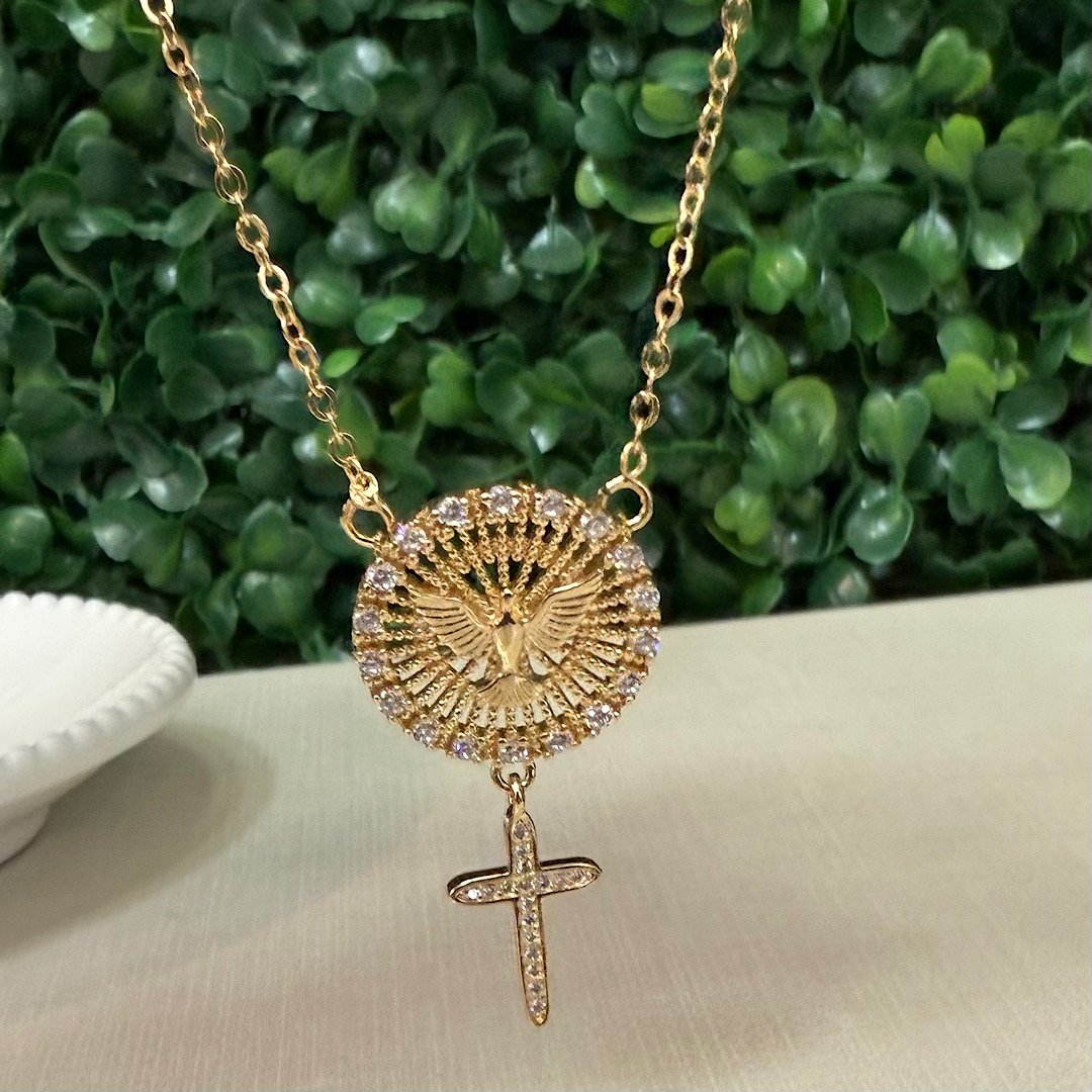 Colar Espirito Santo Zirconia Folheado A Ouro