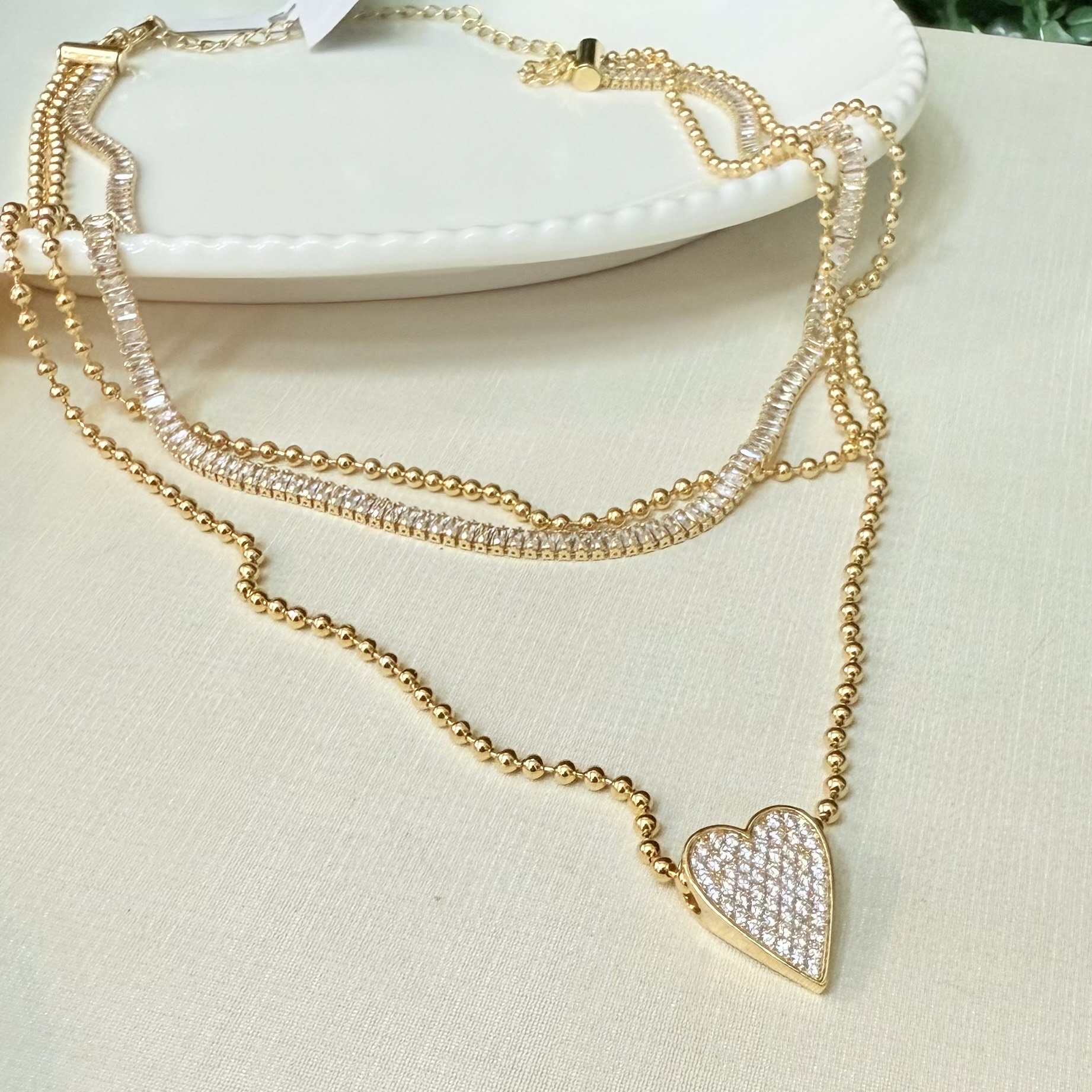 Colar Triplo Zirconia Folheado A Ouro