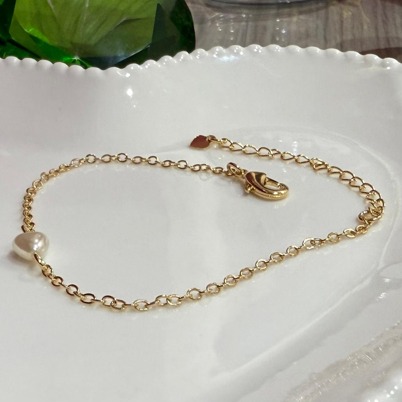 Pulseira Perola Coração Folheado A Ouro