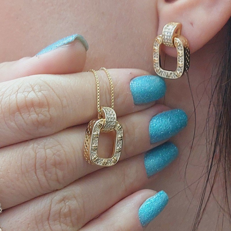 Conjunto Feminino Folheado A Ouro 18k - Corrente Com Pingente E Brinco Delicado