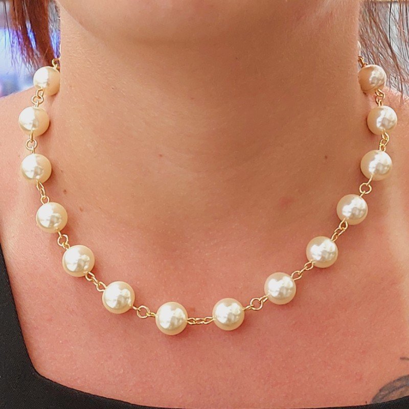 Colar Perolas Grandes Folheado A Ouro