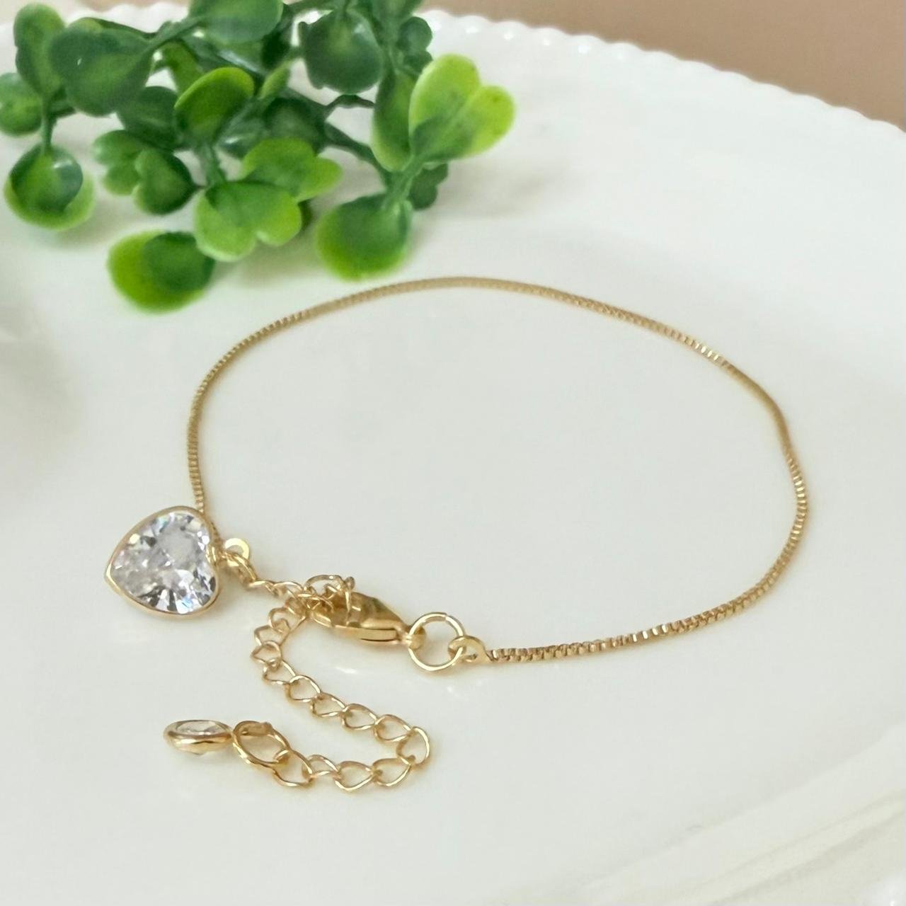 Pulseira Feminina Coração Zirconia Folheado A Ouro