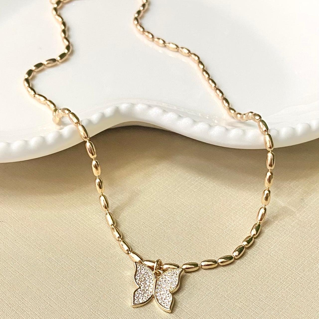 Choker Com Zirconia Com Pingente De Borboleta Folheado A Ouro