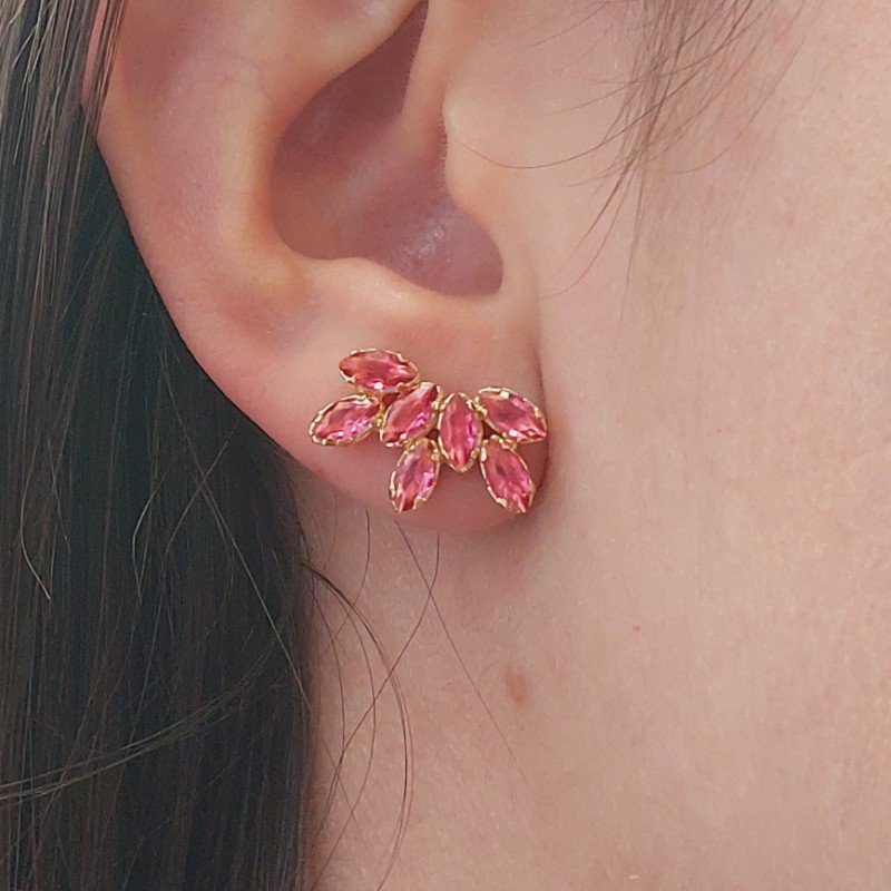 Brinco Flor De Zirconia Colorido Folheado A Ouro