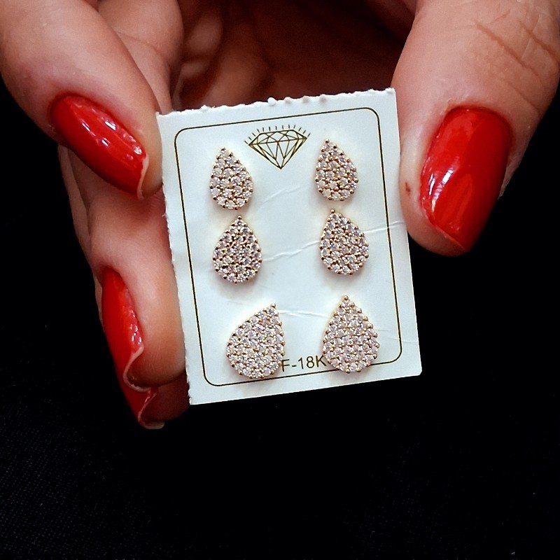 Trio De Brincos De Gotinha Com Zirconia Folheado A Ouro