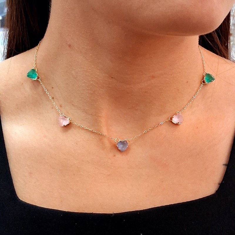 Conjunto De Coração Colorido Folheado A Ouro