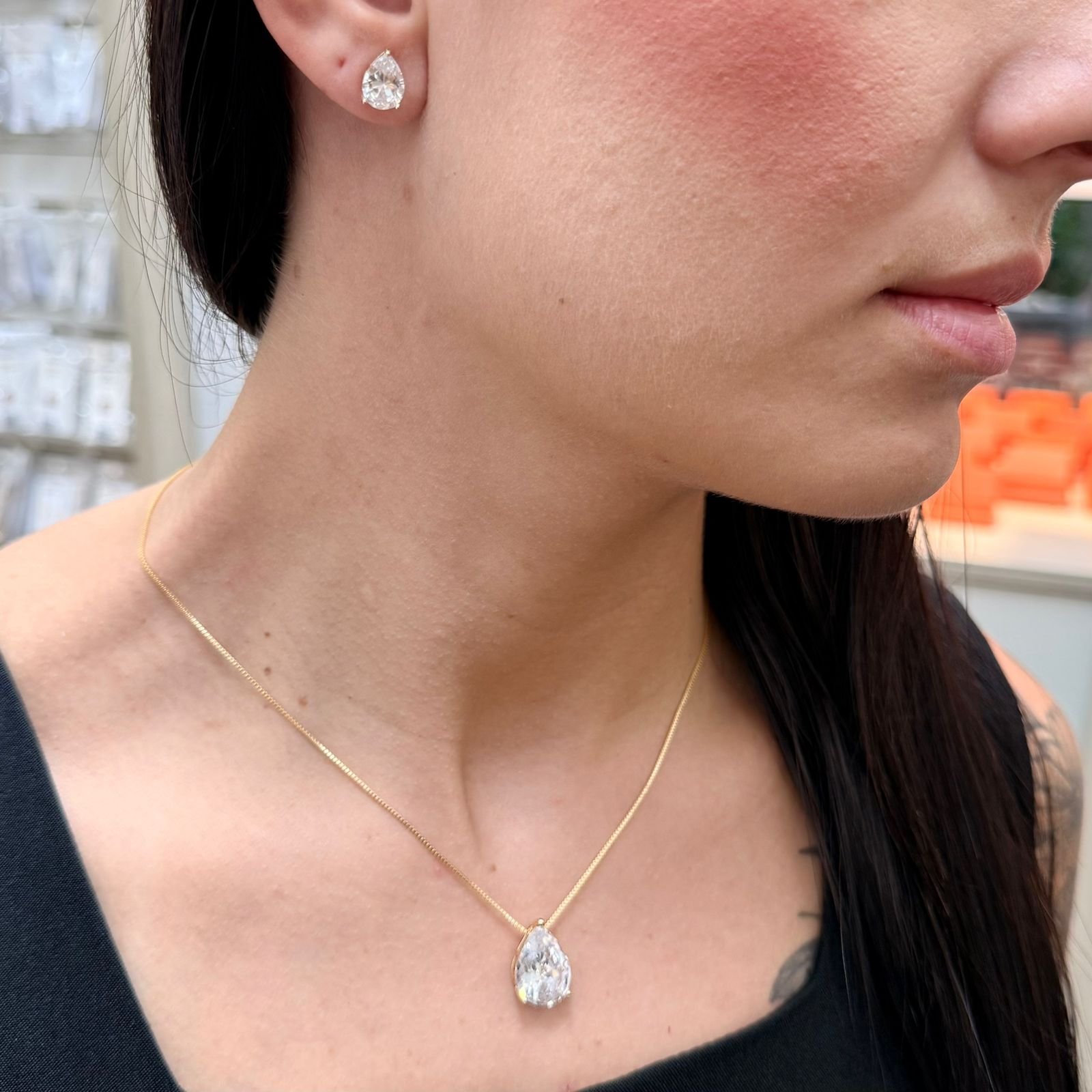 Conjunto Brincos E Colar Gota Zirconia Folheado A Ouro