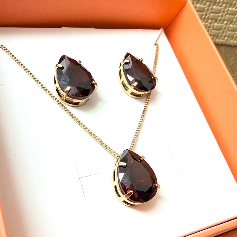 Conjunto Brincos+colar Gota Folheado A Ouro Vermelho
