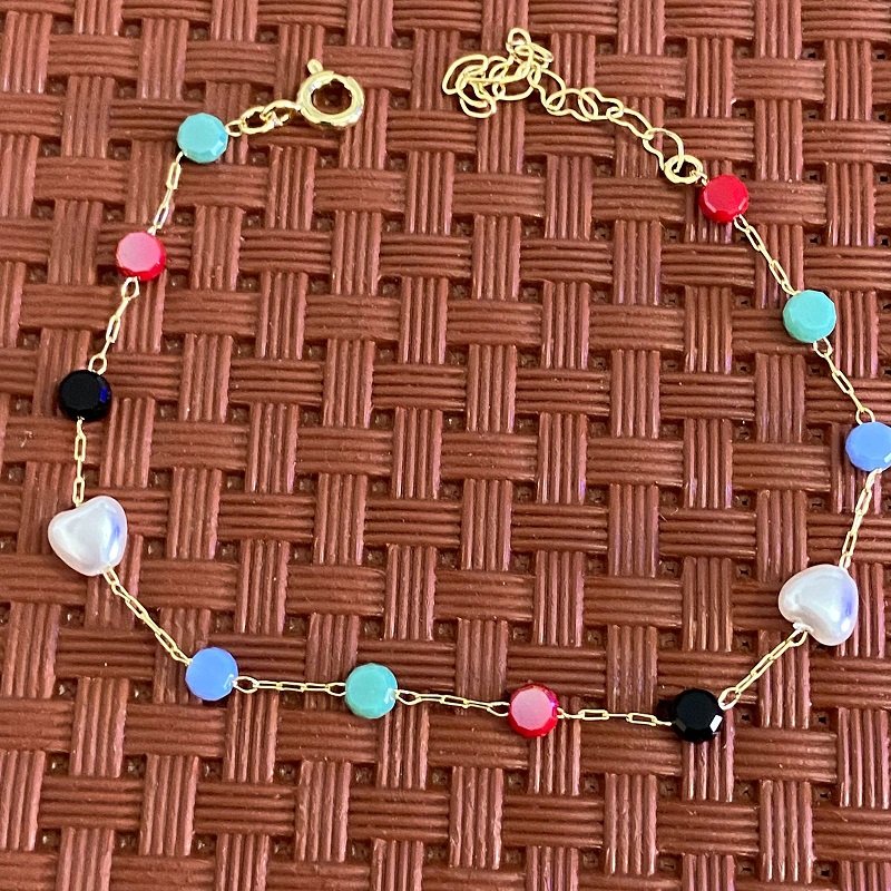 Pulseira De Perola Com Pedrinhas Coloridas Folheado A Ouro