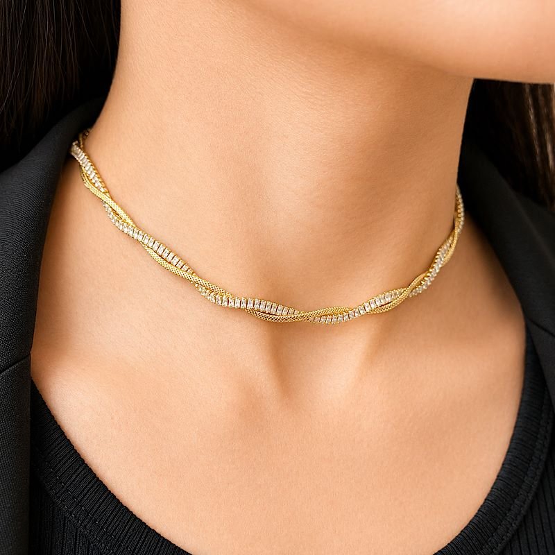 Chocker Zirconia Baguete Cristal Folheado A Ouro