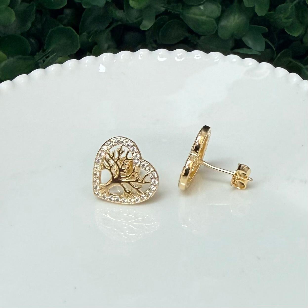 Brinco Coração Arvore Da Vida Zirconia Folheado A Ouro